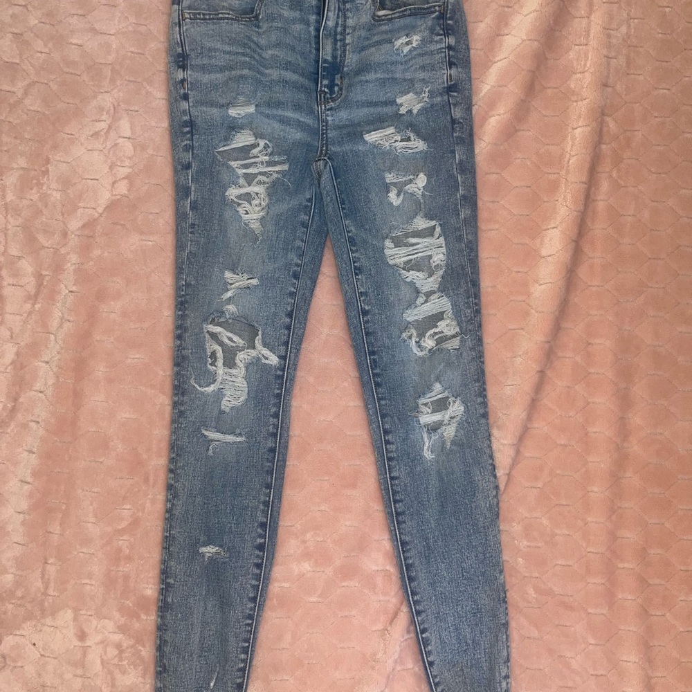 American Eagle Outfitters Blue Skinny Jeans with Distressed Details